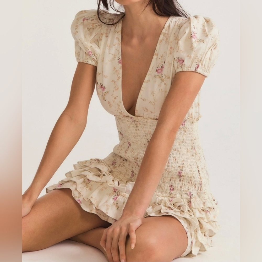 LoveShackFancy Radia Mini V-Neck Smocked Cream Floral Mini Dress Size M